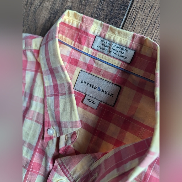 Cutter & Buck Chambray Short Sleeve Shirt Red & Yellow Plaid Mens XL 100% Cotton - Picture 4 of 16